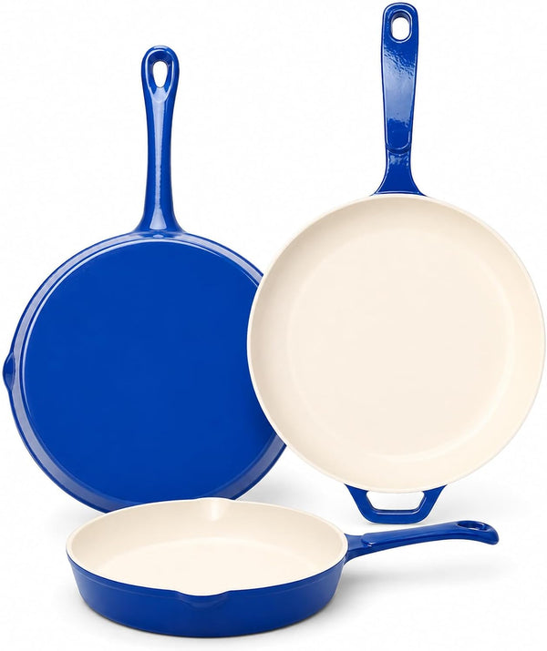 Nonstick Enameled Cast Iron Cookware | 3-Piece Skillet Set (8", 9.5" & 11"), Healthy Non-Toxic, PFOA PFAS PTFE Free, All Stovetops Compatible, Blue1