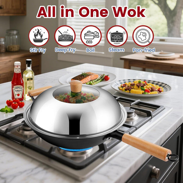 13'' Nonstick Wok, Cast Iron Wok with Lid, Wok Pan & Stir-Fry Pans | Chinese Woks Pan with Lid6