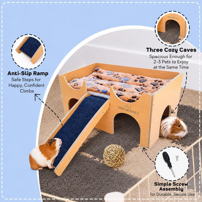Guinea Pig Wooden Hideout with Built-In Feeder, Screw-Assembled Natural Wood Castle with Absorbent Fleece Mat, Ramp & Accessories, Cozy Safe Hideaway for Small Pets to Rest, Play & Explore3
