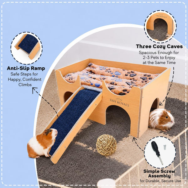 Guinea Pig Wooden Hideout with Built-In Feeder, Screw-Assembled Natural Wood Castle with Absorbent Fleece Mat, Ramp & Accessories, Cozy Safe Hideaway for Small Pets to Rest, Play & Explore3