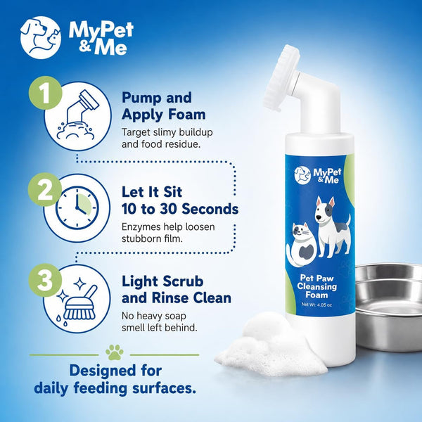 My Pet & Me Pet Bowl Cleaner Mousse with Built-In Scrub Brush, Foaming Dog & Cat Bowl Cleaner for Food & Water Dishes, Toys & Fountains, Removes Grease, Odor & Biofilm, Food-Grade, 4.05 Oz6