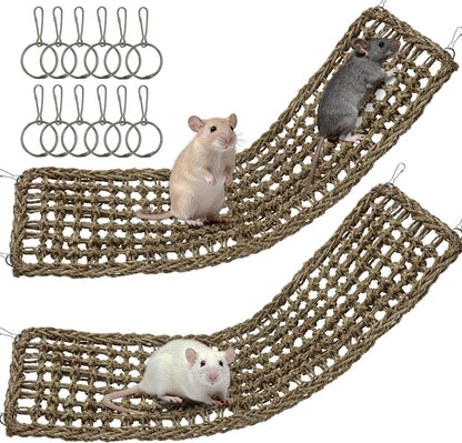 30X7Inch Rat Climbing Toys for Cage, Chewable Natural Seagrass Mat | with Metal Hooks, Soft Fall Breakers for Rats, Rat Ladder Bridge Toy with Mild Grassy Scent, Rodent Hammock Cage Accessories7