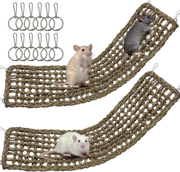 30X7Inch Rat Climbing Toys for Cage, Chewable Natural Seagrass Mat | with Metal Hooks, Soft Fall Breakers for Rats, Rat Ladder Bridge Toy with Mild Grassy Scent, Rodent Hammock Cage Accessories7
