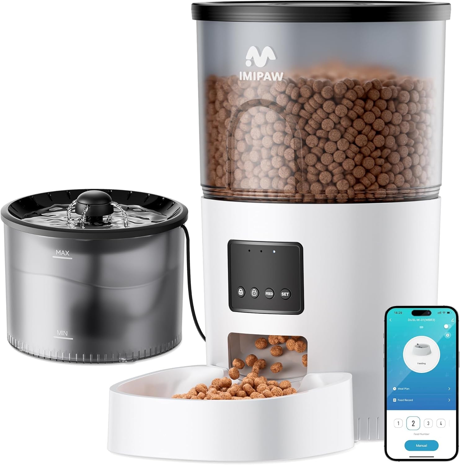imipaw-automatic-cat-feeder-and-water-fountain-timed-dry-food-dispenser-programmable-portion-control-1-6-meals-per-day-desiccant-bag-cat-fountains-for-drinking-with-filter-small-pets-3l-combo