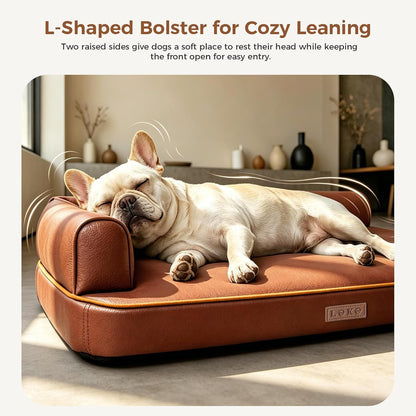 Outdoor Waterproof Dog Bed for Small Dogs, Egg Crate Foam Crate Pad with Raised Bolster, Removable Washable Leather-Look Cover, Non-Slip Bottom, Brown, for Dogs up to 20 In. Long4