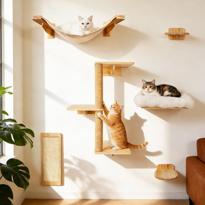 6In1 Cat Wall Shelves Climbing Systems, Large Cat Furniture Shelf Set Wall Hanging Mounted, Hammock Sisal Scratching Perch Bed 2 Steps Tower Tree for Indoor House Corner Ladder1