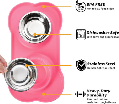 Hubulk Pet Dog Bowls 2 Stainless Steel Dog Bowl with No Spill Non-Skid Silicone Mat + Pet Food Scoop Water and Food Feeder Bowls for Feeding Small Medium Large Dogs Cats Puppies (S, Pink)2