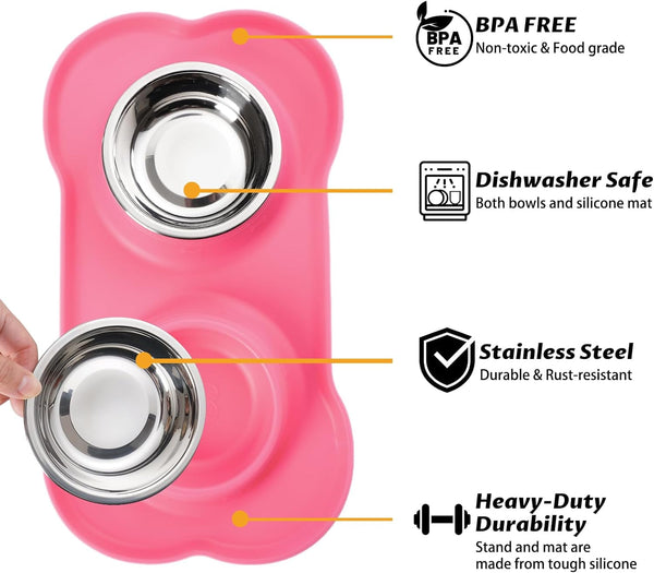 Hubulk Pet Dog Bowls 2 Stainless Steel Dog Bowl with No Spill Non-Skid Silicone Mat + Pet Food Scoop Water and Food Feeder Bowls for Feeding Small Medium Large Dogs Cats Puppies (S, Pink)2