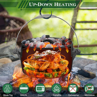 5QT Cast Iron Dutch Oven with Stainless Steel Scrubber,  2-In-1 Pre-Seasoned Camping Pot, Heavy Duty Campfire Pot with Feet for Outdoor Stovetop Griddle Cooking Baking Roasting Stewing4