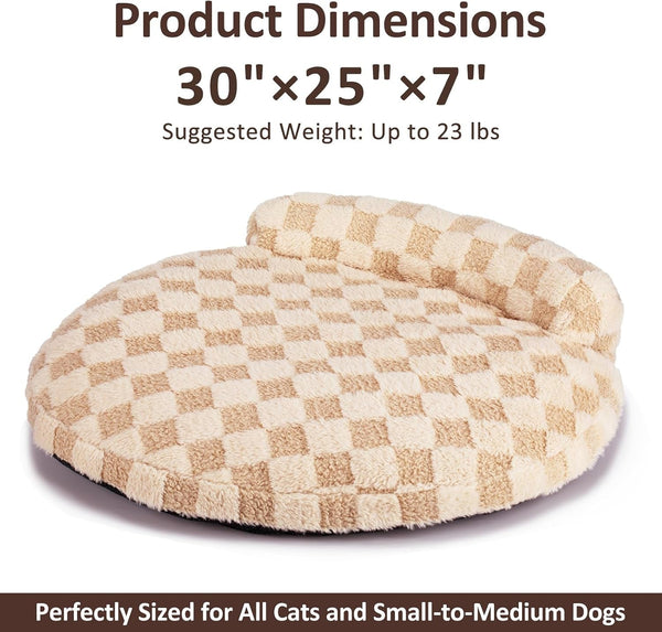 Orthopedic Dog Bed for Small Dogs and Cats Beige Oval 30X25X7 | Calming Pillow Pet Couch Sofa, Removable Washable Cover, Oval 3D Checkered Plush, Indoor5