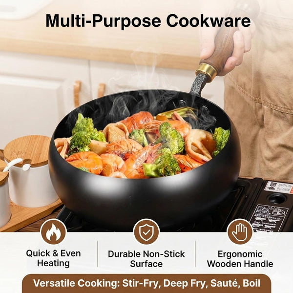 Japanese Cast Iron Wok Pan - Uncoated Healthy Cooking Pot with Lid, Hand Hammered Non Stick Frying Pans Made in Japan (Smooth Surface + Glass Lid,11'')3