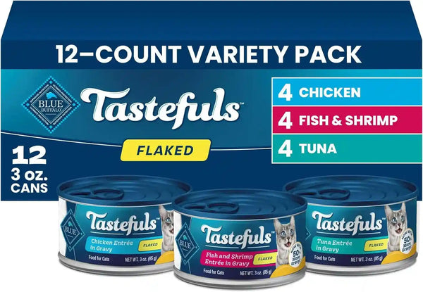 Blue Buffalo Tastefuls Flaked Adult Wet Cat Food Variety Pack (Tuna, Chicken, Fish & Shrimp), Natural Ingredients Enhanced with Vitamins, Minerals & Other Nutrients, 3-Oz. Each (12 Cans)1