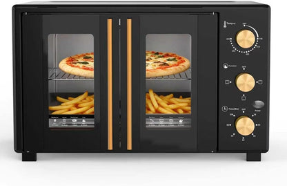 French Door Electric Knob Oven,35 QT Extra Large Oven，18-Slice Convection Oven3-Control Knobs, Bake Broil Toast Grilled Meat Keep Warm, Black Metal,Equipped with a Tray and a Rack.1