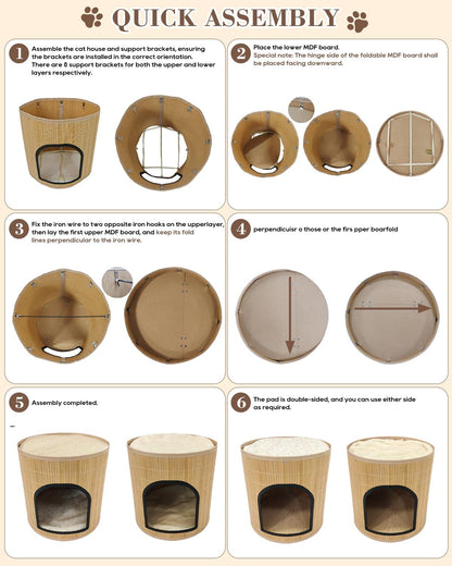 SYANDLVY Large Cat House, Kitten Condo with Bed for Indoor Cats, Portable ﻿ | 2-Tier Foldable Natural Bamboo Cave with Double-Sided Cushion, 15.5"X15.7" Washable Kitten Hideout7