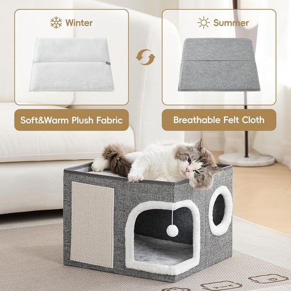 Cat Beds for Indoor Cats,Large Cat Cave House with Scratch Pad and Fluffy Ball,Foldable Cat Condo Hideaway, Modern Kitten Bed, Grey5