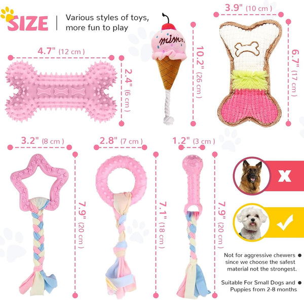 BAEJMJK 6 Pack Puppy Teething Toys Pink Small Breed Dog Chew Toys with Rope Cute Soft Rubber Puppy Toys Set for Cleaning Teeth Interactive Pet Doggy Bone Toys4