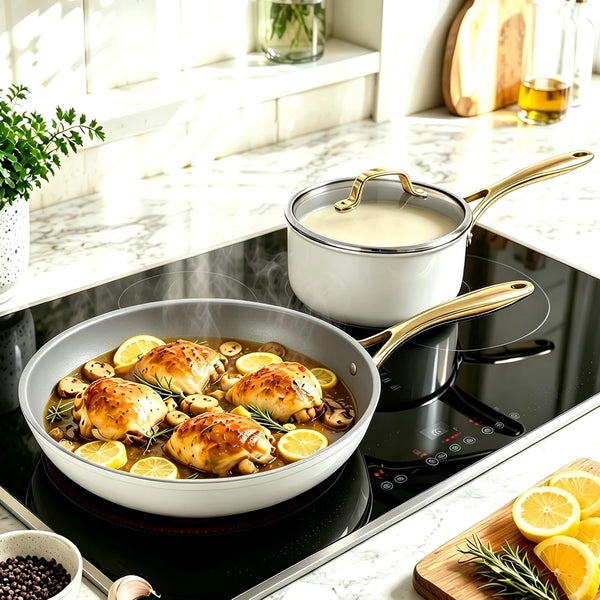 White 10 Piece Ceramic Cookware Set | Pots Pans for Family Meals | Include Saucepan, Saute Pan, Stockpot, Frying Pans, Oven Safe to 480°F, Dishwasher Safe, Non-Toxic PFAS Free, Induction Bases2