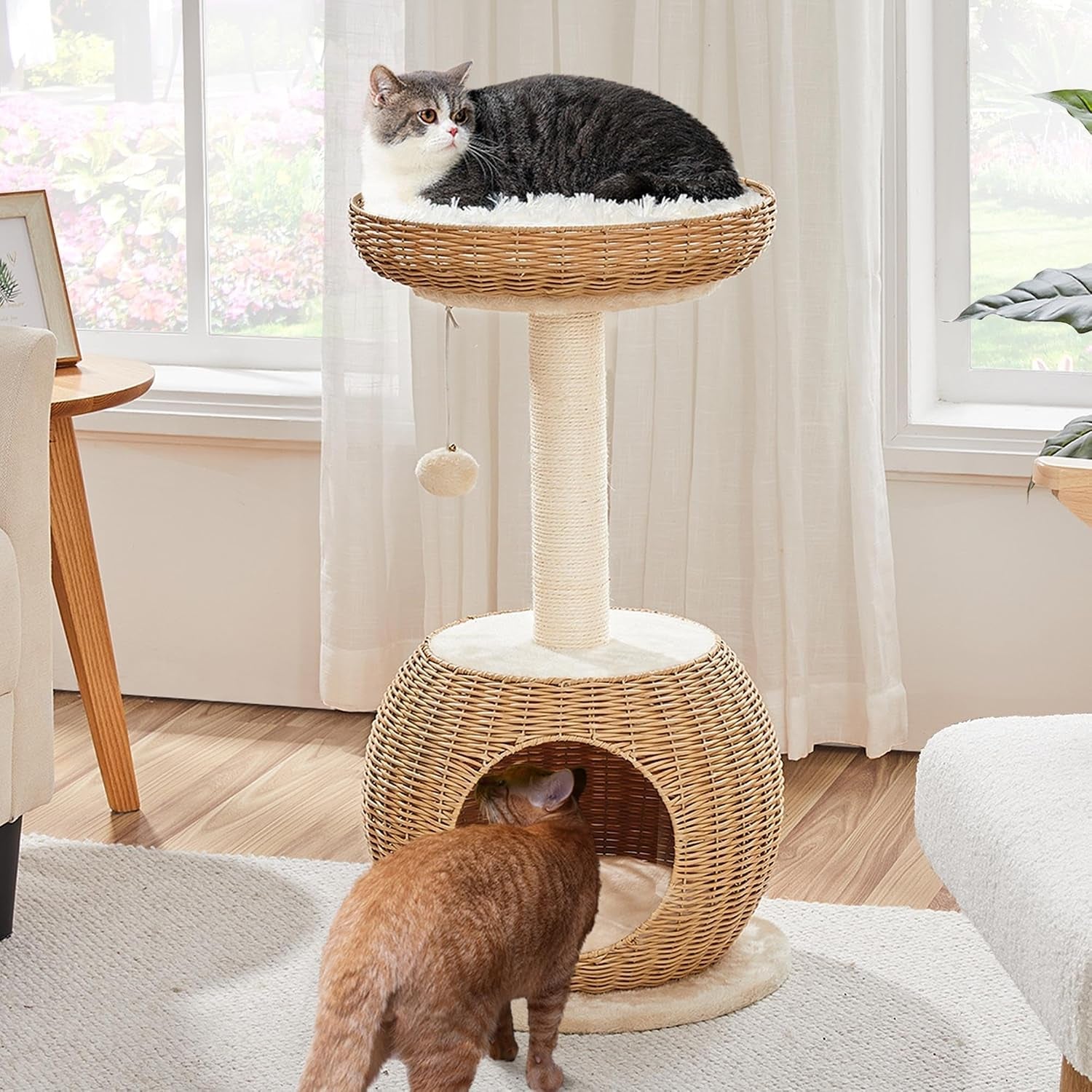 yaheetech-cat-tree-29-5in-rattan-cat-tower-for-indoor-cats-w-scratching-post-woven-cat-condo-and-soft-cushion-top-perch-aesthetic-cat-tree-for-kittens-boho-pe-rattan-tower-with-a-hideaway-cubby-and-top-window-perch-fits-small-spaces-and-corners-as-decor-assembles-in-minutes