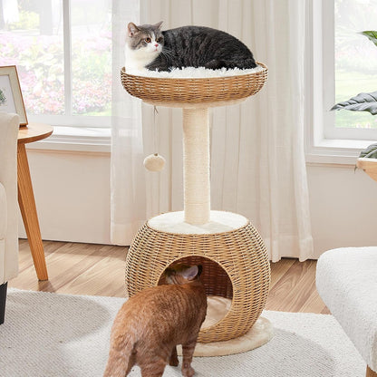 Yaheetech Cat Tree, 29.5In Rattan Cat Tower for Indoor Cats W/Scratching Post, Woven Cat Condo and Soft Cushion Top Perch, Aesthetic Cat Tree for Kittens | Boho PE Rattan Tower with a Hideaway Cubby and Top Window Perch, Fits Small Spaces and Corners as Decor, Assembles in Minutes2