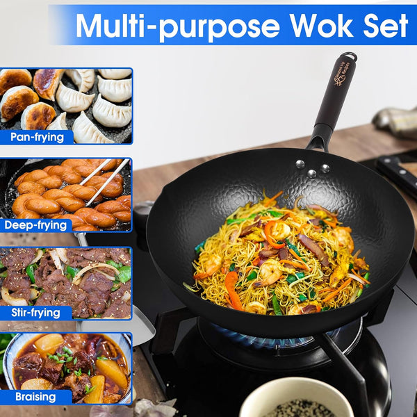 13.4 Inch Carbon Steel Wok for Electric, Induction and Gas Stoves (Lid, Spatula and User Guide Video Included)2