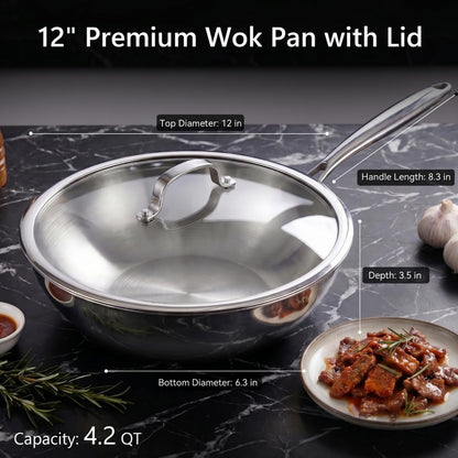 4.2 QT Tri-Ply Stainless Steel Wok Pan with Lid, 12" Flat Bottom Stir Fry Skillet for Asian Cuisine, Premium 18/10 Induction Cookware for 3-4 Servings, Oven Safe4