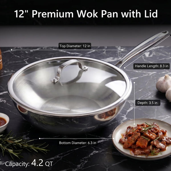 4.2 QT Tri-Ply Stainless Steel Wok Pan with Lid, 12" Flat Bottom Stir Fry Skillet for Asian Cuisine, Premium 18/10 Induction Cookware for 3-4 Servings, Oven Safe4