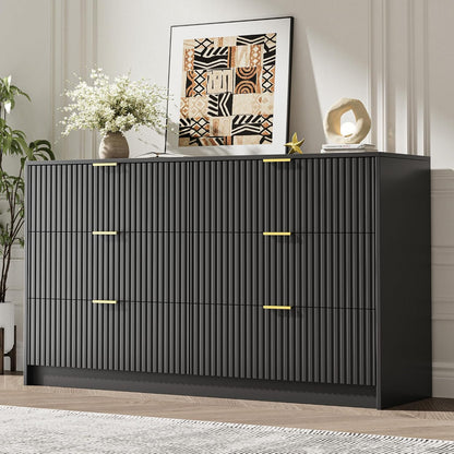 Black 6 Drawer Dresser for Bedroom, 55" Wide Modern Chest of Drawers with Gold Metal Handles, Fluted Wood TV Stand for Living Room, Hallway1