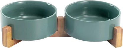 SPUNKYJUNKY Ceramic Dog and Cat Bowl with Wood Stand Non-Slip Matte Glaze Weighted Food Water Set for Cats &Small Dogs 13.5OZ17