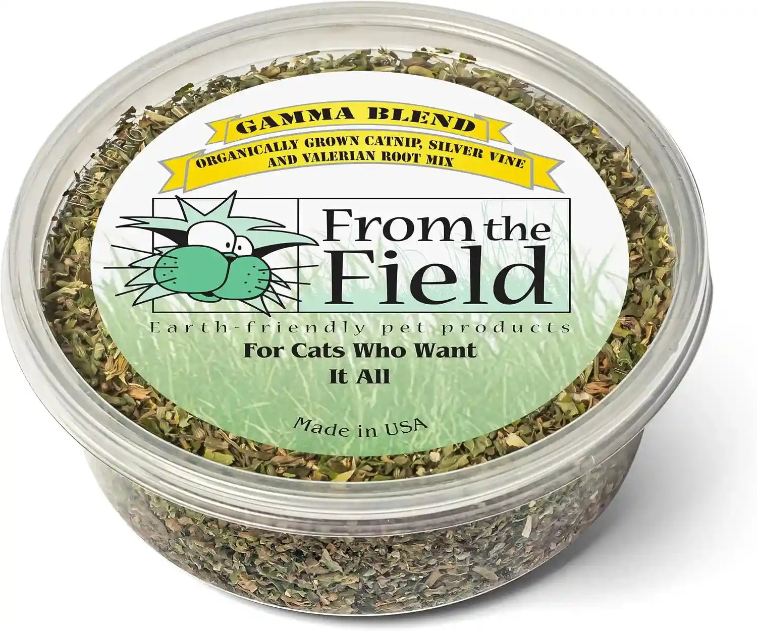 from-the-field-gamma-blend-catnip-leaf-and-flower-silver-vine-valerian-root-mix-fresh-usa-grown-organic-catnip-for-cats-potent-resealable-tub-2-oz