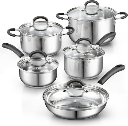 Professional Stainless Steel Cookware Set, 10-Piece | Pots and Pans Kitchen Cooking Set with Stay-Cool Handles, Induction Ready, Oven & Dishwasher Safe,1