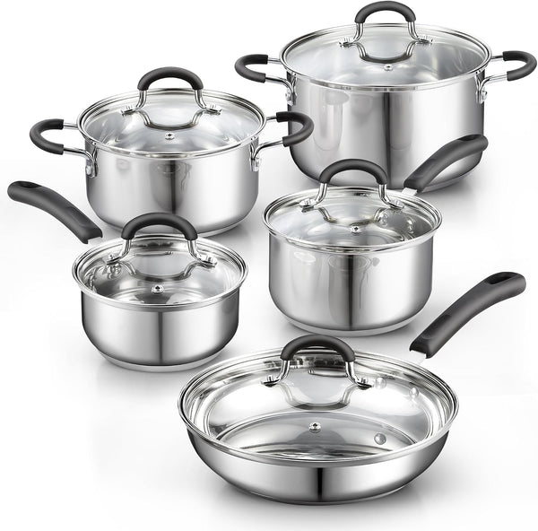Professional Stainless Steel Cookware Set, 10-Piece | Pots and Pans Kitchen Cooking Set with Stay-Cool Handles, Induction Ready, Oven & Dishwasher Safe,1