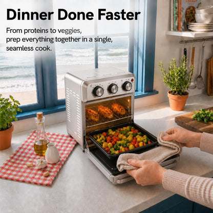6-In-1 Air Fryer Toaster Oven Combo, Compact 12.7 QT Small Countertop Convection Oven, Fits 9" Pizza & 4 Toast, Hexagon Hybrid Heating, Enamel Baking Pan Included, Stainless Steel Finish5