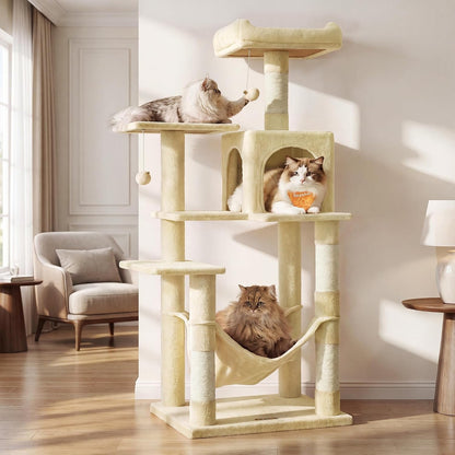 Feandrea Cat Tree, 59.5-Inch Tall Cat Tower, Plush Multi-Level Condo with 5 Scratching Posts, 2 Perches, 2 Caves, Hammock, 2 Pompoms, Light Gray UPCT192W019