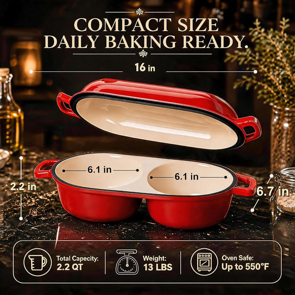 Mini Double Dutch Oven for Sourdough Bread Baking, 2.2QT Enameled Cast Iron | Dual round Bread Loaf Pan with Lid, Non Stick 550°F Oven Safe Bread Pot for Homemade Bread, Meatloaf, Cake - Red2