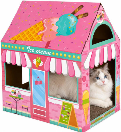 Cinrobiye Cardboard Cat House with Scratcher, Indoor Cat Condo Cat Cave Hideout with Scratch Pad, Cardboard Cat Playhouse Bed for Cats, Kittens, Rabbits & Small Pets (Mushroom)19