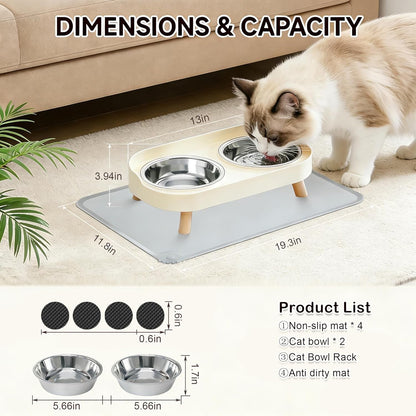 Elevated Cat Bowls with Food Mat, Splash Proof anti Vomiting Raised Cat Food and Water Bowl Set, 2 Stainless Steel Dishes for Cats and Puppy, Pet Bowl for Indoor Cats White3