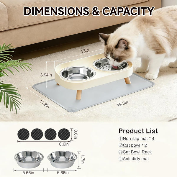 Elevated Cat Bowls with Food Mat, Splash Proof anti Vomiting Raised Cat Food and Water Bowl Set, 2 Stainless Steel Dishes for Cats and Puppy, Pet Bowl for Indoor Cats White3