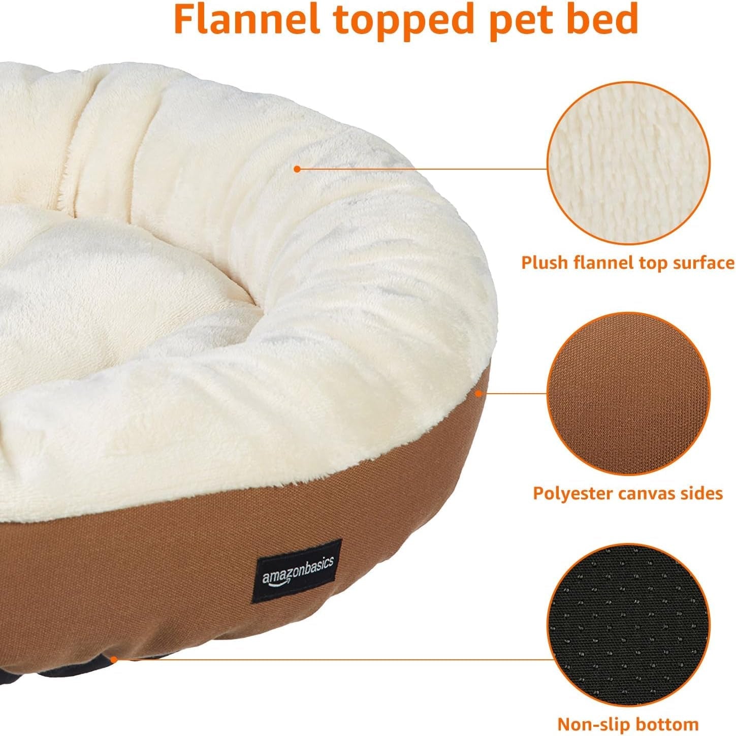 amazon-basics-round-bolster-pet-bed-for-dog-or-cat-with-flannel-top-20-0-l-x-20-0-w-x-6-0-th-up-to-11lbs-brown-and-ivory