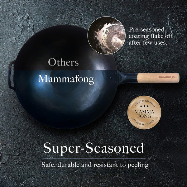 Pre Seasoned Blue Carbon Steel Flat Bottom Wok -14 Inch Chinese Pow Wok - Traditionally Hand Hammered Woks and Stir Fry Pans4