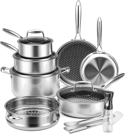 Hybrid Tri-Ply Stainless Steel Cookware Set Oven Safe | Pots and Pans Set Non Stick with Steamer Basket, Non Toxic Induction Cookware, Kitchen Cookware Sets PFOA & PTFE Free1
