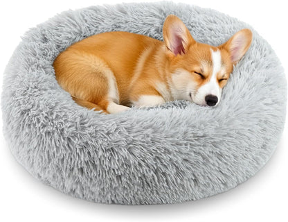 Calming Donut Dog and Cat Bed for Indoor Cats, Anti-Anxiety round Fluffy Soft Washable Small Pet Bed for Puppy and Kitten, Warming Comfortable Luxury Anti-Slip Waterproof Mute Base 20In Gray1