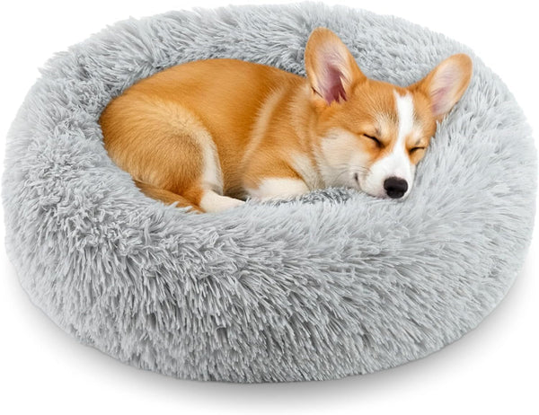 Calming Donut Dog and Cat Bed for Indoor Cats, Anti-Anxiety round Fluffy Soft Washable Small Pet Bed for Puppy and Kitten, Warming Comfortable Luxury Anti-Slip Waterproof Mute Base 20In Gray1