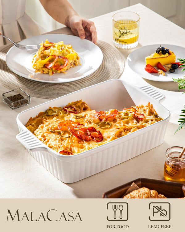 4.4QT Ceramic Casserole Dishes for Oven, 9X13 Baking Dishes, White | Rectangular Lasagna Pan with Handles, Ceramic Baking Dish, Deep Roasting Pan, Microwave and Dishwasher Safe, Wedding Gift3