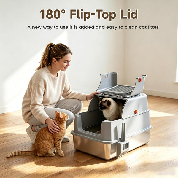 Enclosed Stainless Steel Litter Box, XL Covered Metalpan Includes Mat Scoop | Easy Cleaning Anti-Urine Leakage Non-Sticky Front Entry Top Exit2
