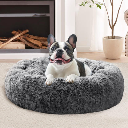 JOLLYVOGUE Small Dog Bed, Calming Dog Beds for Small Dogs & Indoor Cats - 20 Inches Donut Washable Cat Bed for Kittens & Puppies, round Fluffy Plush Faux Fur Pet Beds(Smoke Grey)30