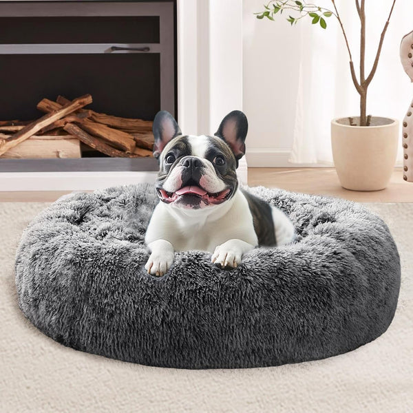 JOLLYVOGUE Small Dog Bed, Calming Dog Beds for Small Dogs & Indoor Cats - 20 Inches Donut Washable Cat Bed for Kittens & Puppies, round Fluffy Plush Faux Fur Pet Beds(Smoke Grey)30