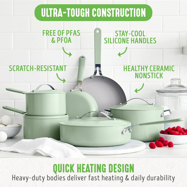 10-Piece Nonstick Ceramic Cookware Set, Lightweight Healthy Pfas-Free Pots & Pans with Lids, Dishwasher & Oven Safe, Durable Body, Silicone Stay-Cool Handles, Easy Release, Sage Green4