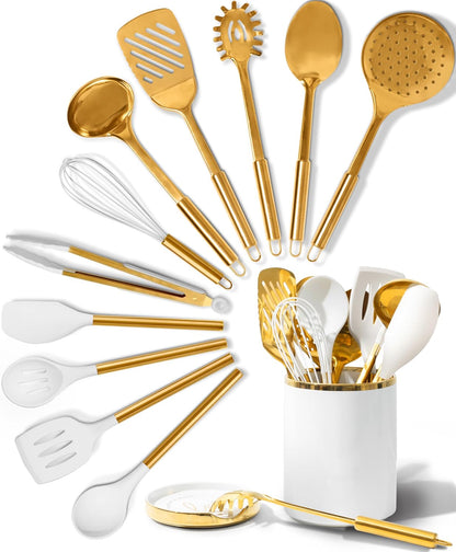 White and Gold Cooking Utensils Set, 13-Piece | Kitchen Set with White Ceramic Utensil Holder and Stackable Gold Spoon Rest - Luxury Kitchen Accessories for Stylish Cooking1