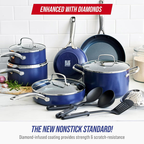 14 Piece Cookware Set, Diamond Infused PFAS & Pfoa-Free Ceramic Nonstick Pots and Pans, Durable, Non Toxic, Metal Utensil Safe & Scratch Resistant, Dishwasher & Oven Safe, Blue | Pfas-Free Diamond Infused Ceramic Nonstick, Metal Utensil Safe, Dishwasher & Oven Safe to 600F, Skillets, Sauce, Stockpot2