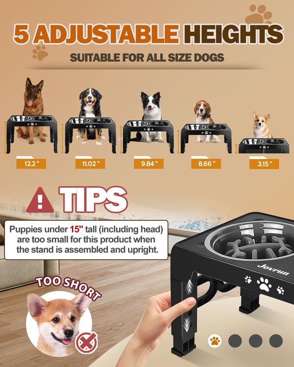 Jovrun Elevated Dog Bowls for Medium Large Size Dogs, Non-Slip Dog Feeder with 1*Stainless Steel Dishes & 1*Slow Feeder Bowl, 5 Heights Adjustable Raised Bowls to 3.15″-8.66″-9.84″-11.02″-12.2″2